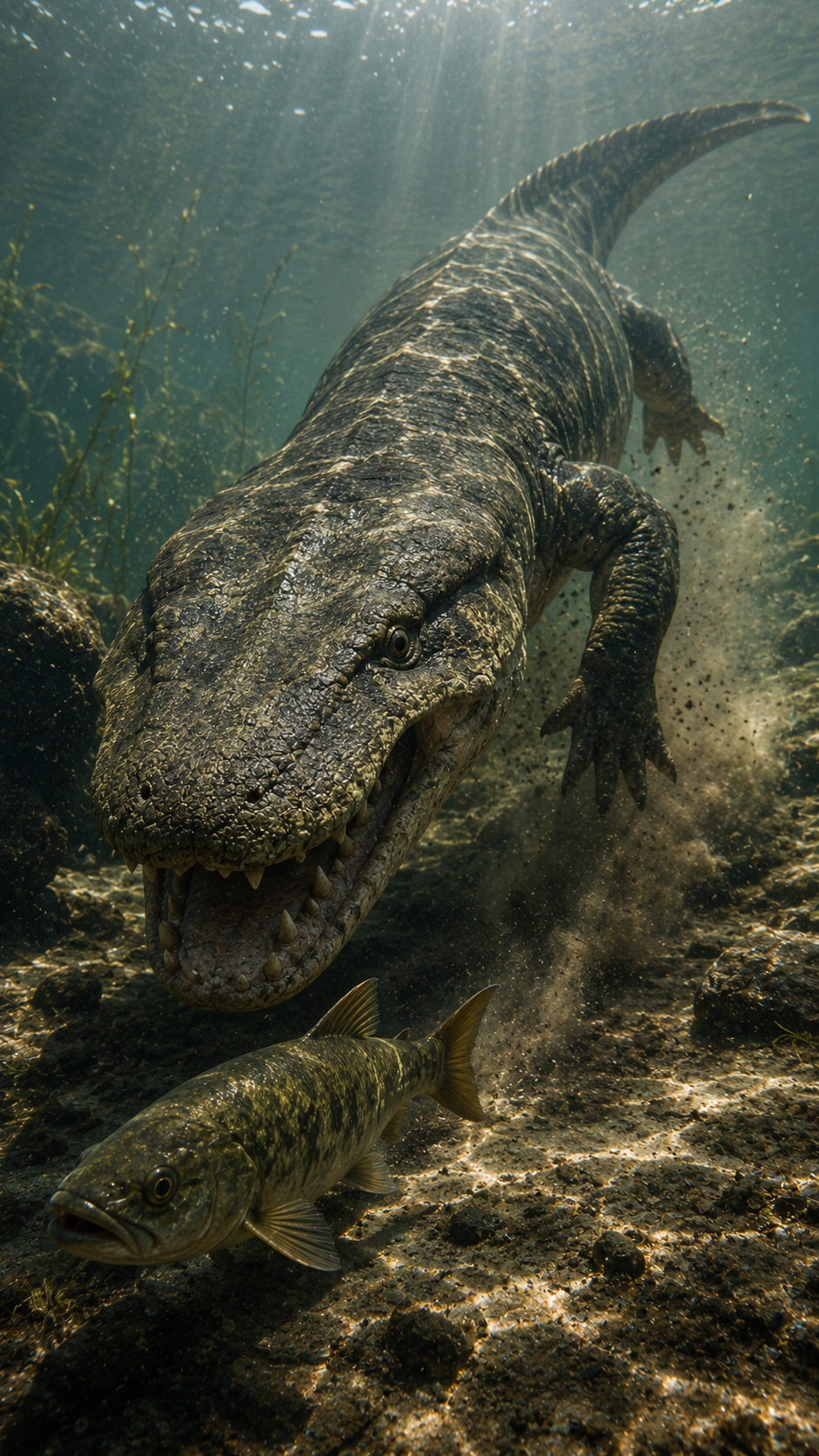 ペルム紀の湿地で獲物を狙うウラノケントロドンを再現した実写風画像。巨大な頭部と鋭い牙を持つ大型両生類。
