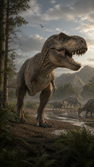 白亜紀後期の森林で咆哮するティラノサウルスを再現した実写風画像。巨大な頭部と鋭い歯を持つ恐竜界の王者。