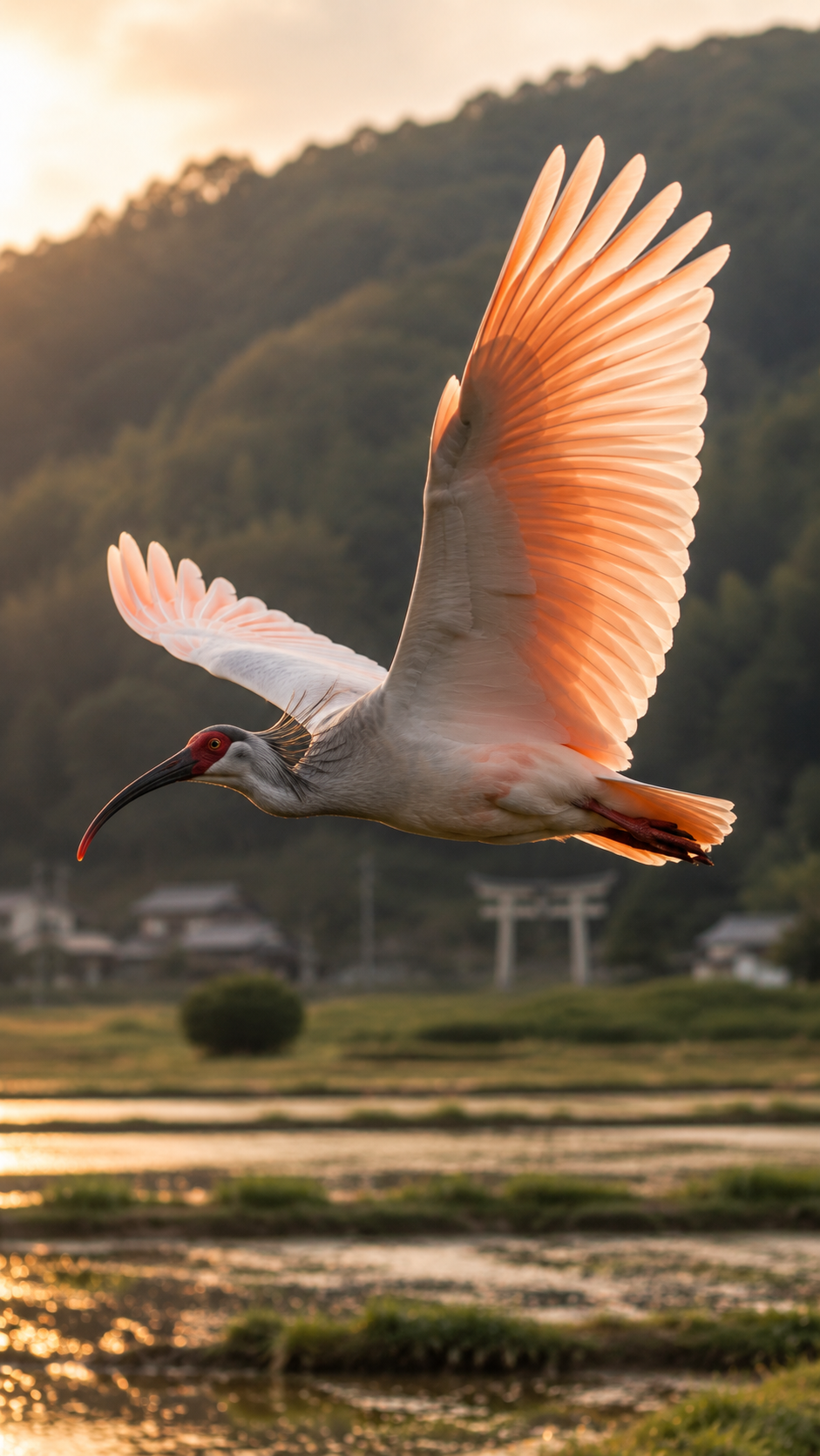 夕暮れの水田上空を飛ぶ国内野生トキを再現した実写風画像。翼の内側に広がる朱色の羽が美しく輝く日本の野鳥。