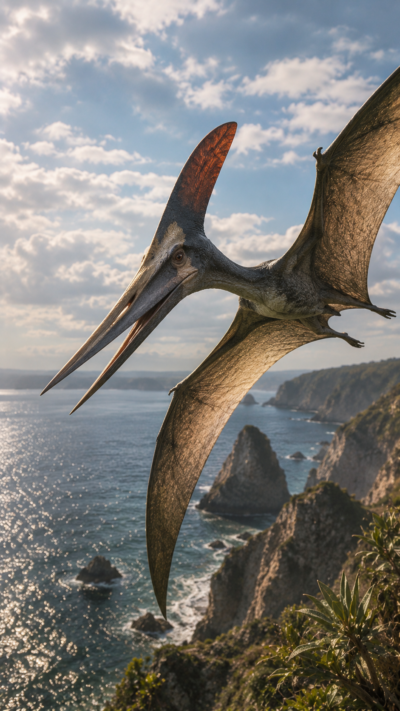 白亜紀の海岸上空を滑空するプテラノドンを再現した実写風画像。巨大な翼と長いトサカを持つ代表的な翼竜。