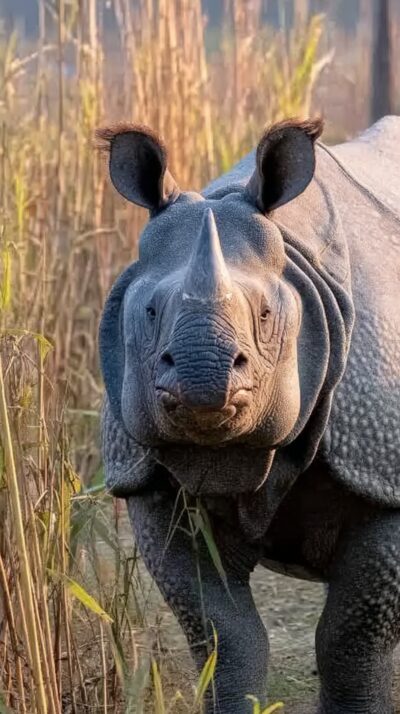 インドサイが湿地の草原を歩く様子を再現した実写風画像。鎧のような厚い皮膚と一本の角を持つアジア最大のサイ。