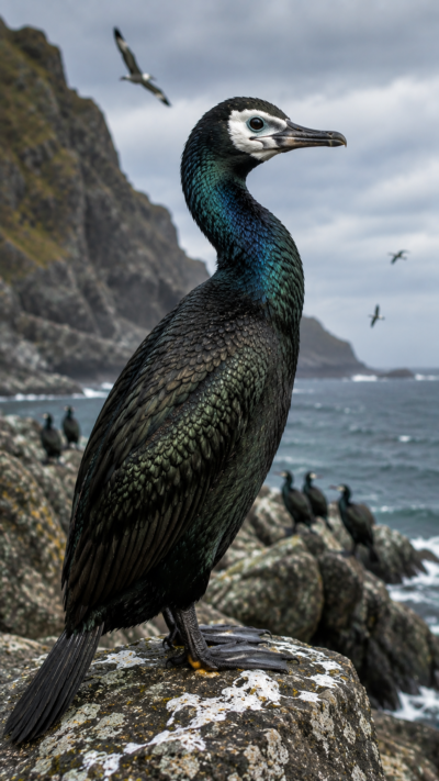 北大西洋の岩礁海岸に立つメガネウを再現した実写風画像。白黒の体色と太いくちばしを持つ飛べない大型海鳥。