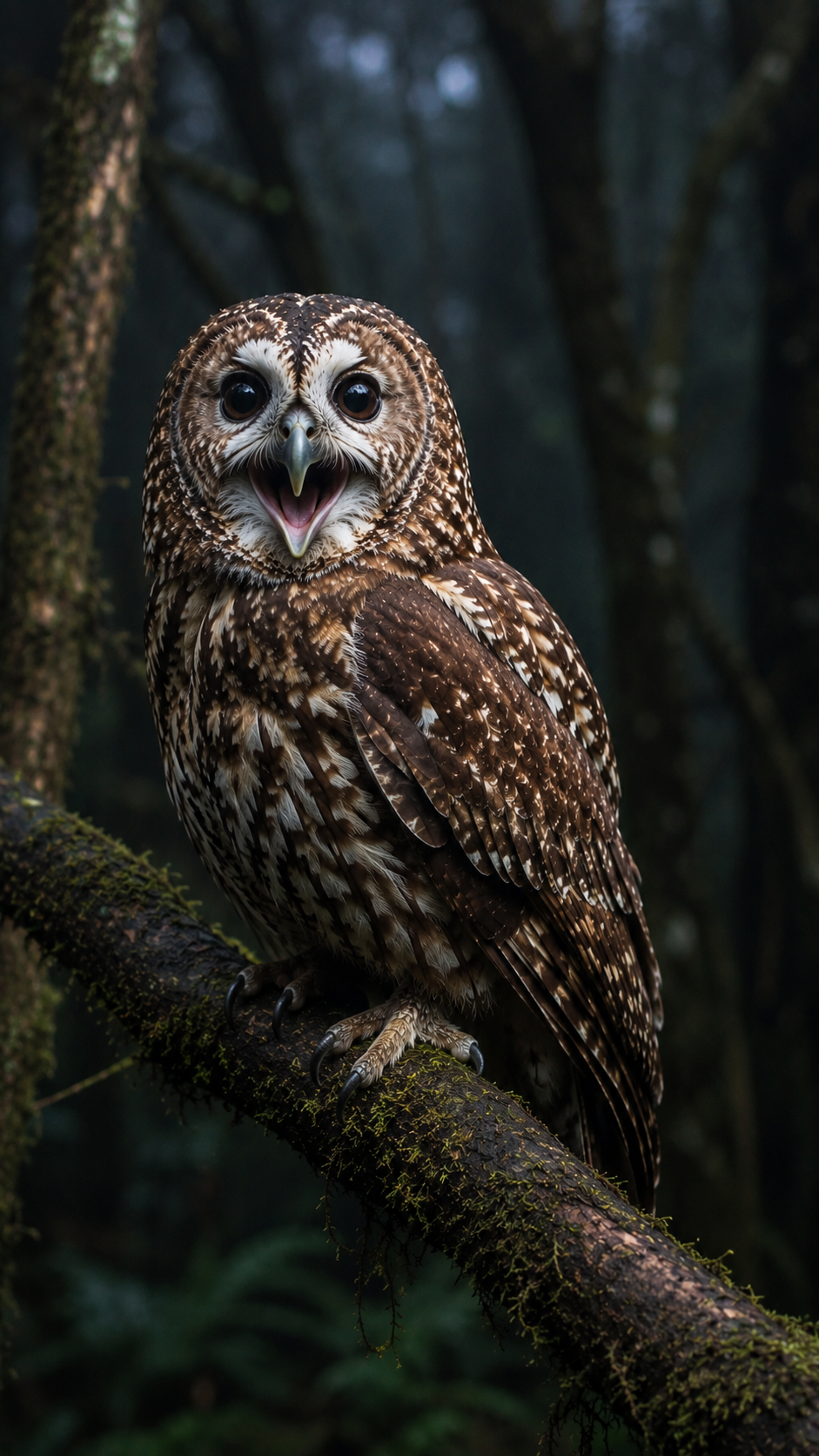 ニュージーランドの草原で獲物を探すワライフクロウを再現した実写風画像。大きな黄色い目と褐色の羽毛を持つ絶滅したフクロウ。
