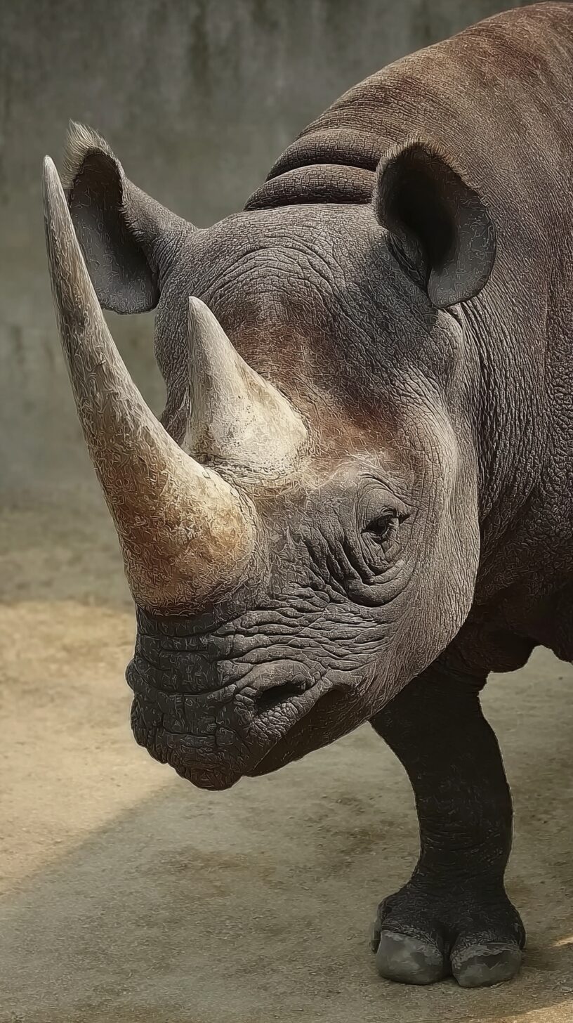 クロサイがアフリカのサバンナで低木の葉を食べる様子を再現した実写風画像。尖った上唇と2本の角を持つ絶滅危惧種のサイ。