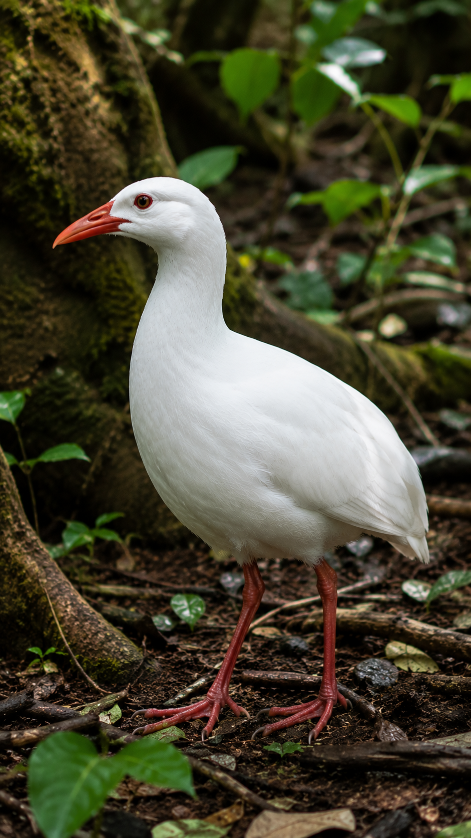 ロード・ハウ島の森林を歩くロードハウセイケイを再現した実写風画像。短い翼と丈夫な脚を持つ飛べない絶滅鳥。