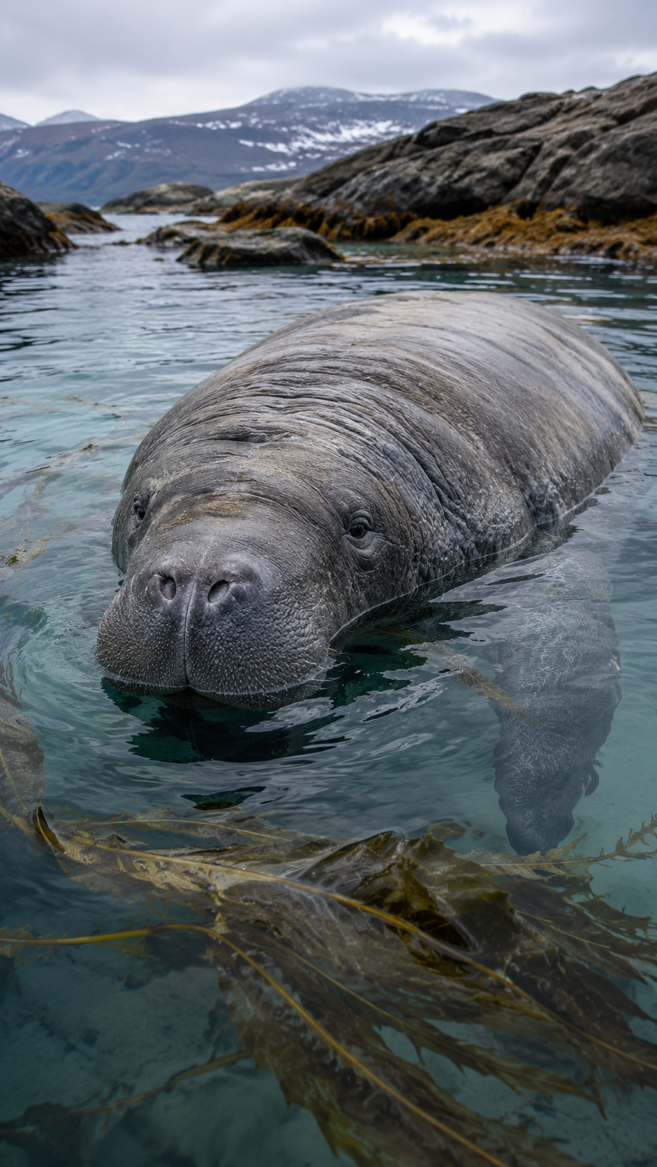 ベーリング海の沿岸で海藻を食べるステラーカイギュウを再現した実写風画像。体長8メートル級の巨大な体を持つ絶滅した海牛類。
