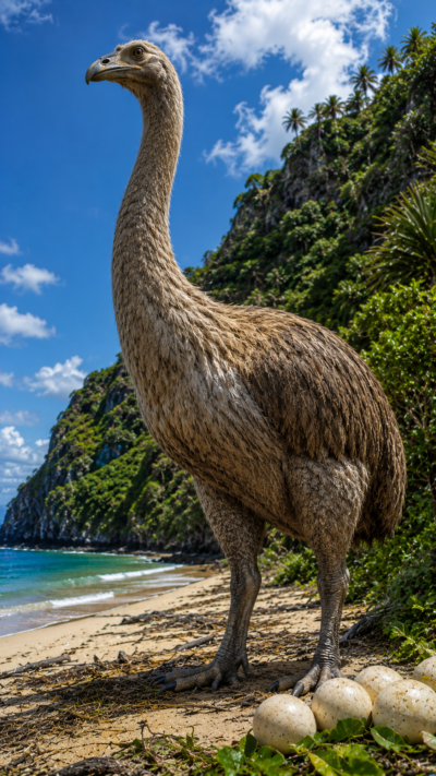エピオルニスが古代マダガスカルの森林を歩く様子を再現した実写風画像。高さ3mを超える巨体を持つ史上最大級の飛べない鳥。