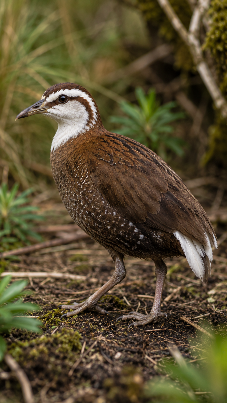 チャタムシマクイナがチャタム諸島の森林の下草を歩く様子を再現した実写風画像。白っぽい顔と茶褐色の羽を持つ絶滅した島の鳥。
