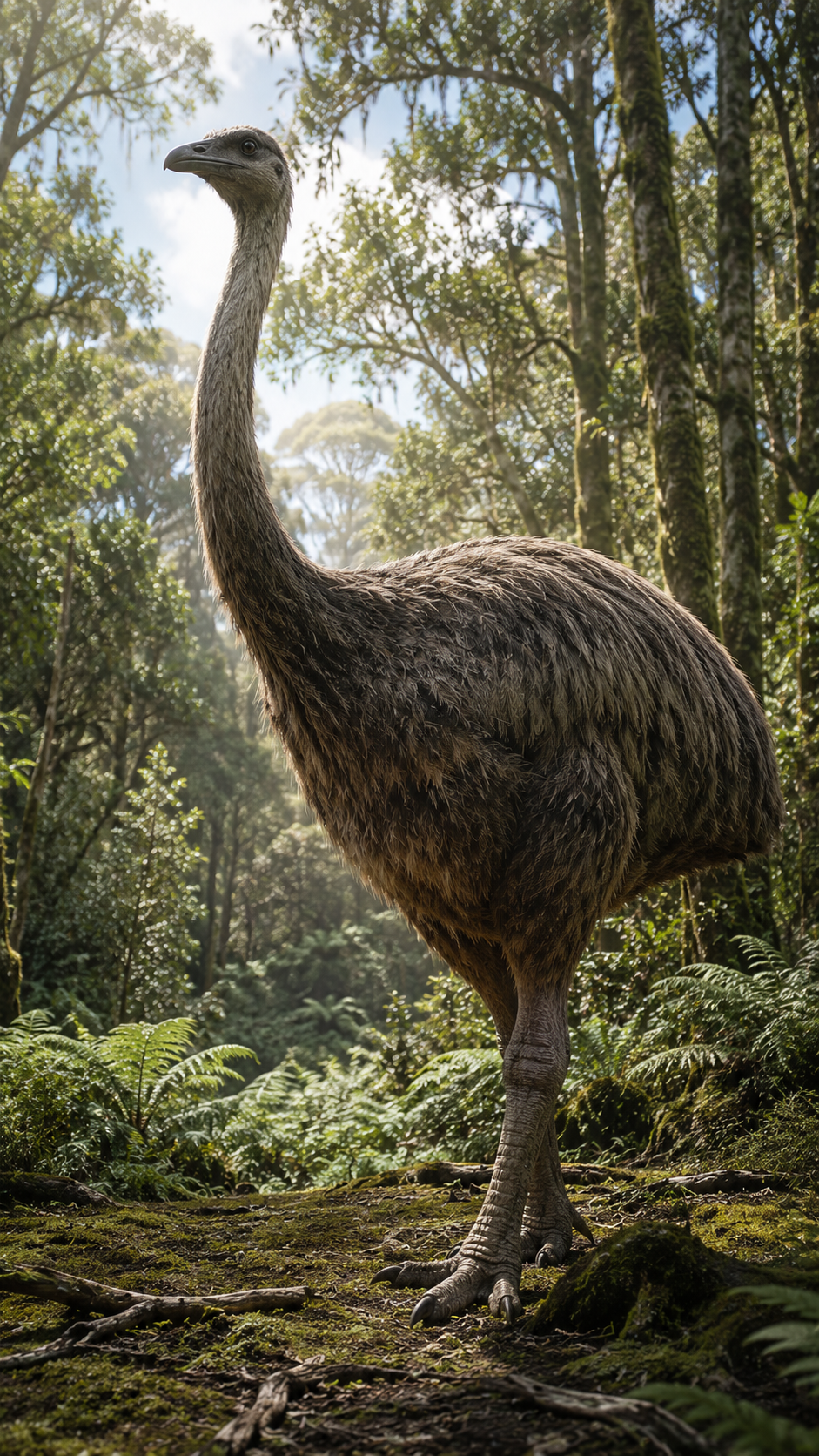 ジャイアントモアが古代ニュージーランドの森林を歩く様子を再現した実写風画像。高さ3mを超える史上最大級の飛べない鳥。