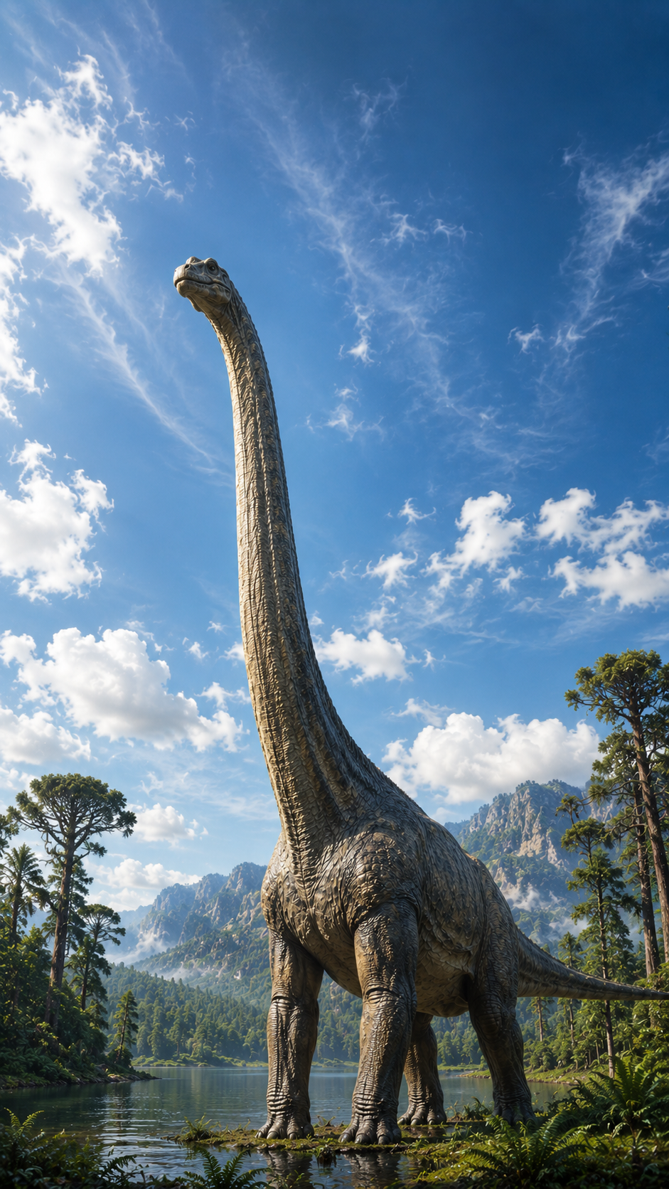 ブラキオサウルスがジュラ紀後期の森林で高い木の葉を食べる様子を再現した実写風画像。長い首と巨大な体を持つ代表的な竜脚類恐竜。