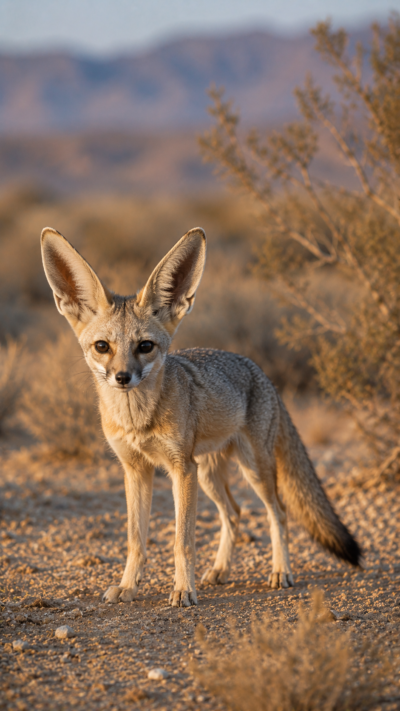 ミミナガキットキツネがアフリカのサバンナで耳を立てながら獲物を探す実写風画像。体に対して非常に大きな耳を持つ小型のキツネ。