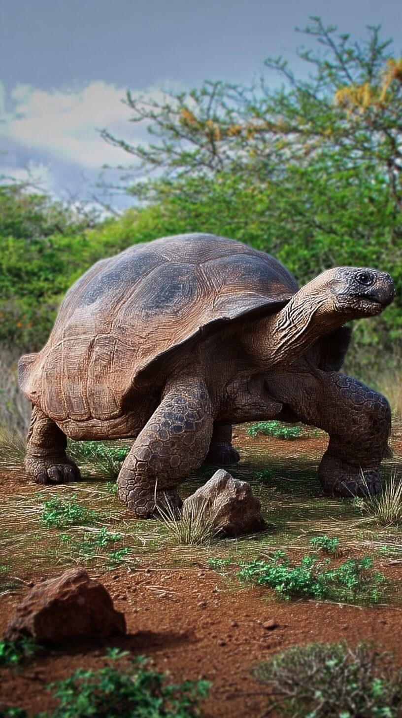 ガラパゴスゾウガメがガラパゴス諸島の草原を歩く様子を再現した実写風画像。世界最大級のリクガメで100年以上生きる長寿動物。