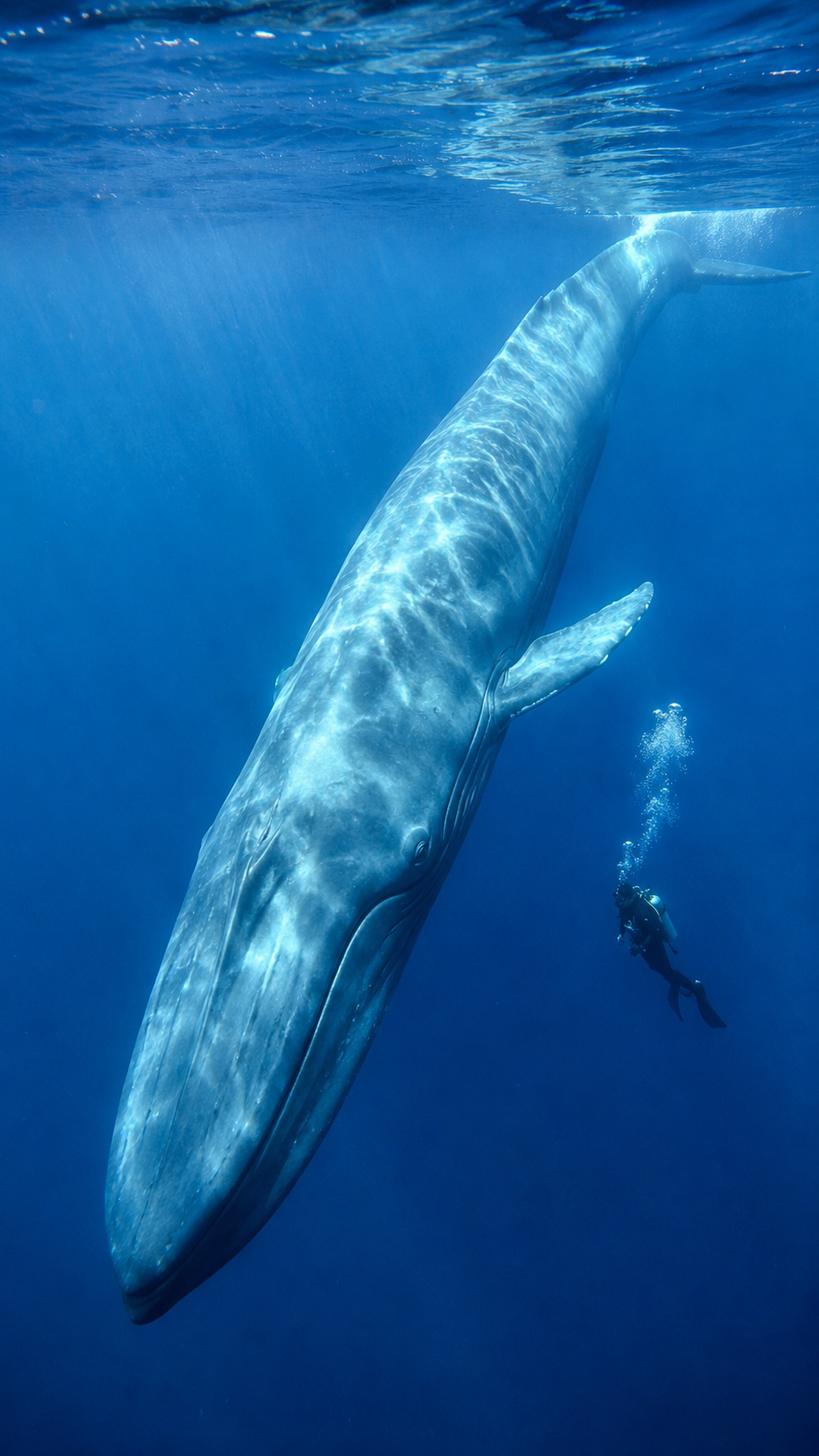 シロナガスクジラが青い外洋を悠然と泳ぐ実写風画像。全長30mを超える地球史上最大の動物として知られる大型ヒゲクジラ。