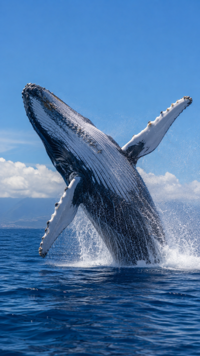 ザトウクジラが海面から豪快にジャンプする様子を再現した実写風画像。巨大な胸びれを広げた迫力ある大型ヒゲクジラ。