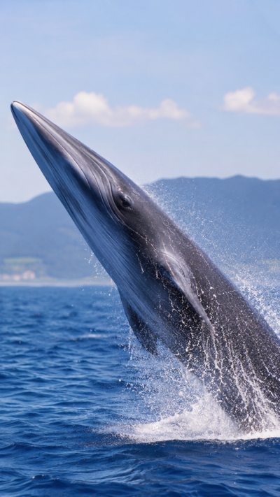 カツオクジラが青い外洋を高速で泳ぐ実写風画像。細長い流線型の体を持つ大型ヒゲクジラ。