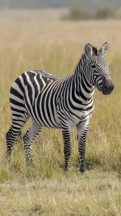 シマウマの群れがアフリカのサバンナを歩く様子を再現した実写風画像。白黒の縞模様が特徴の草食動物。