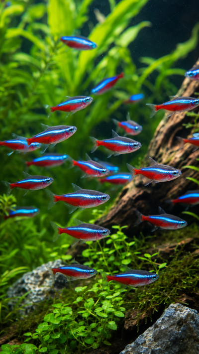 ネオンテトラの群れが水草水槽を泳ぐ実写風画像。青と赤に輝く小型熱帯魚が美しく群泳している。