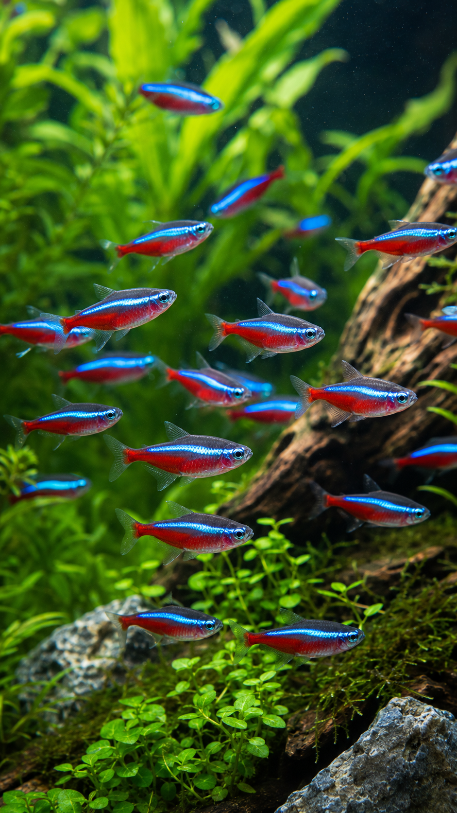 ネオンテトラの群れが水草水槽を泳ぐ実写風画像。青と赤に輝く小型熱帯魚が美しく群泳している。