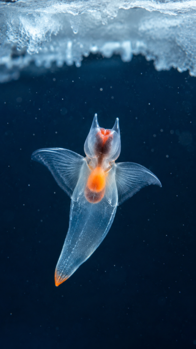 クリオネが青い冷たい海中を羽ばたくように泳ぐ実写風画像。透明な体を持つ“流氷の天使”として知られる小型海洋生物。