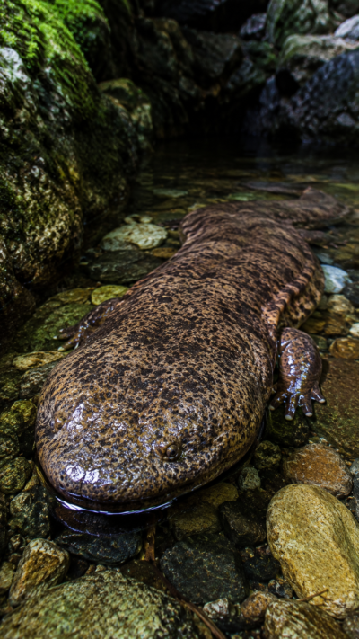 オオサンショウウオが清流の岩場に潜む実写風画像。しわの多い皮膚と平たい頭を持つ世界最大級の両生類。