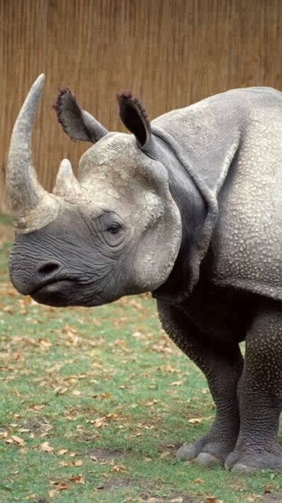 ジャワサイがインドネシアの熱帯雨林を歩く様子を再現した実写風画像。世界で最も希少な一本角のサイとして知られる絶滅危惧種。