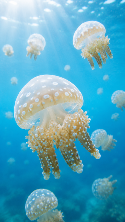 タコクラゲが青い海中を漂う実写風画像。白い水玉模様の傘を持つ幻想的なクラゲ。
