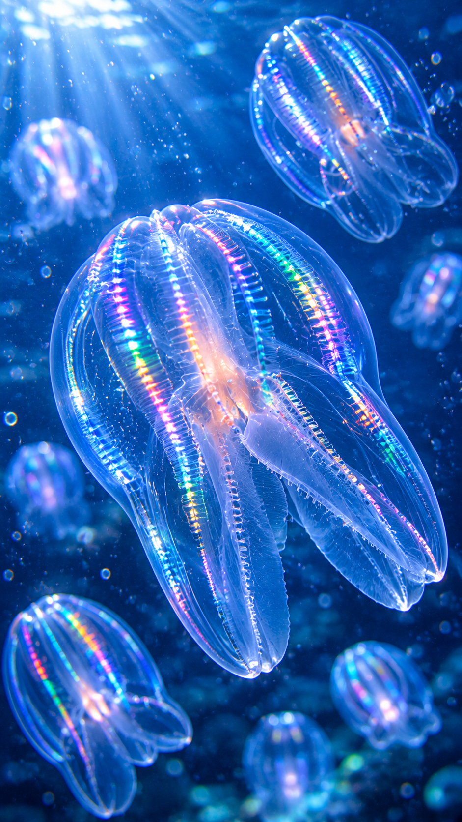 カブトクラゲが暗い海中で虹色に輝きながら漂う実写風画像。透明な体と発光する櫛板を持つ幻想的な海洋生物。