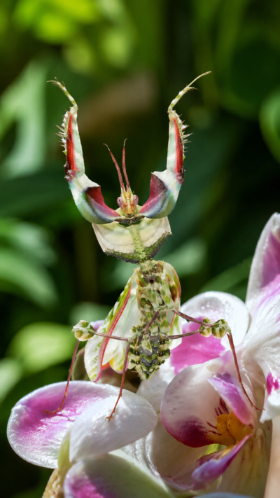 マノハナカマキリがピンク色の花の上で擬態している実写風画像。花びらのような体を持つ美しいカマキリ。