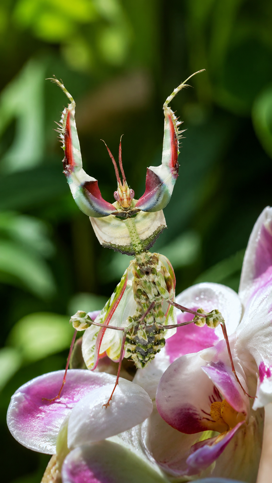 マノハナカマキリがピンク色の花の上で擬態している実写風画像。花びらのような体を持つ美しいカマキリ。