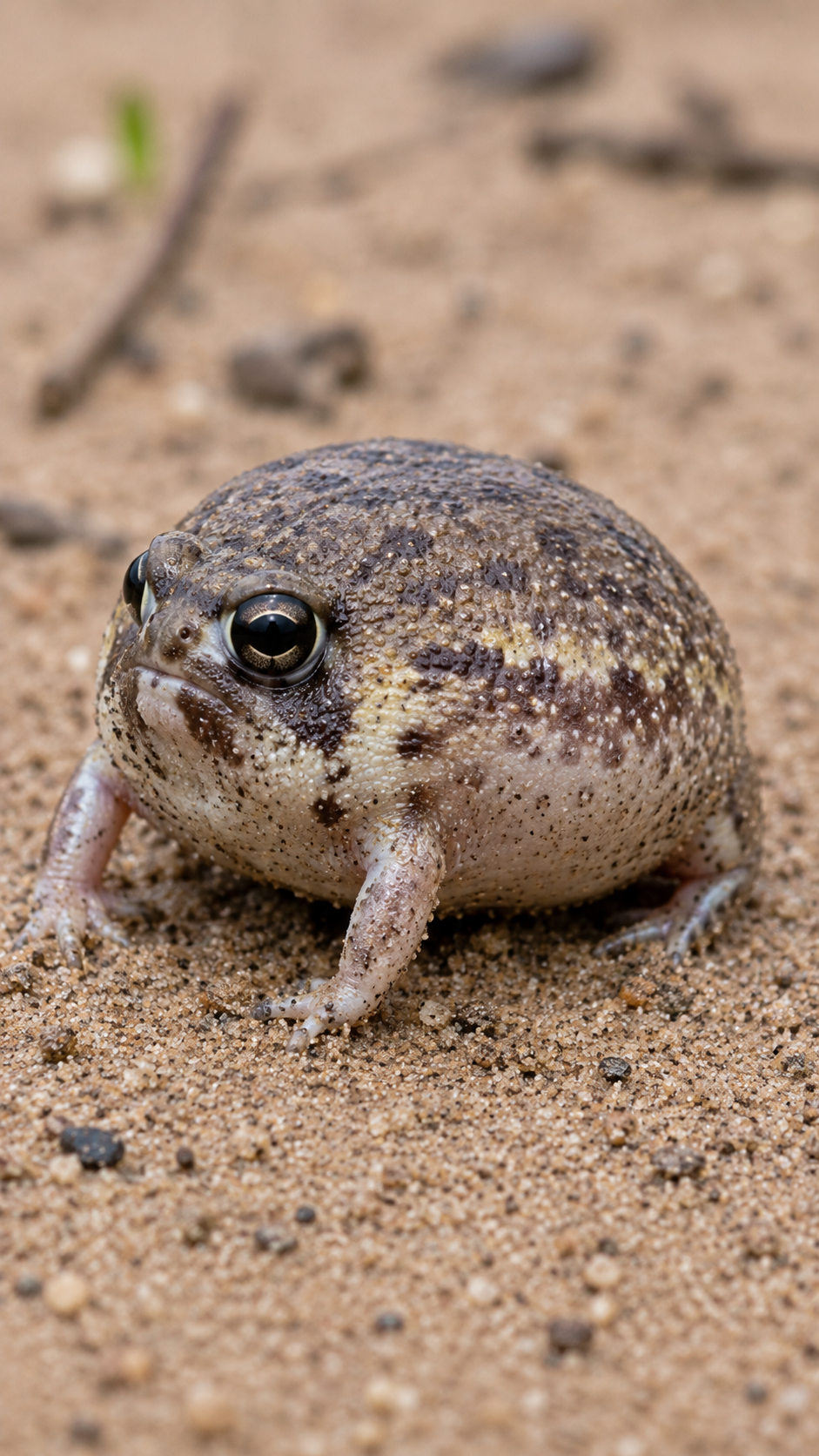 ナマカフクラガエルが砂地の上で丸く膨らんでいる実写風画像。短い脚とぷくっとした顔を持つ小型カエル。