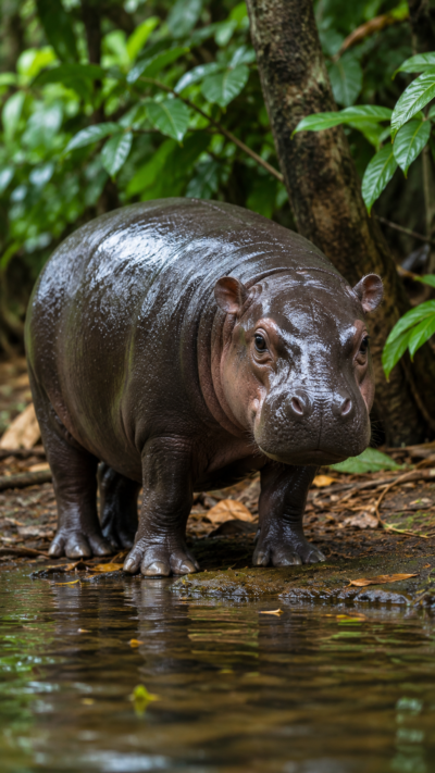 コビトカバが熱帯雨林の水辺を歩く実写風画像。小型で丸みのある体を持つ希少なカバ。