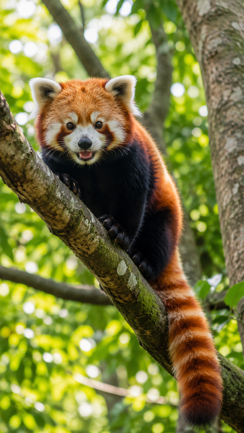 レッサーパンダが木の上で座っている実写風画像。赤茶色の毛並みと長いふわふわの尻尾を持つ小型哺乳類。