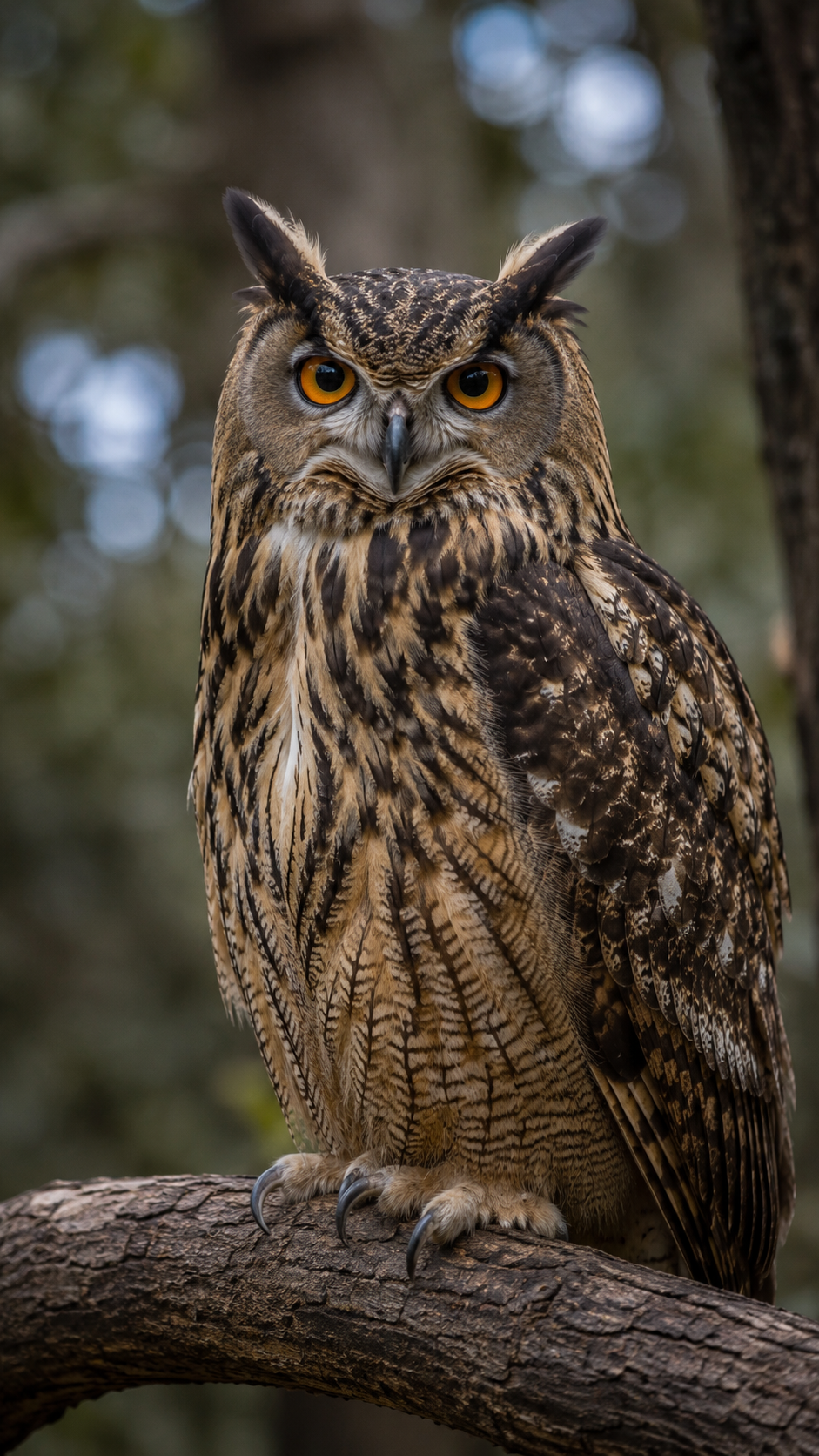 ワシミミズクが夜の森の枝に止まる実写風画像。巨大なオレンジ色の目と羽角を持つ大型フクロウ。