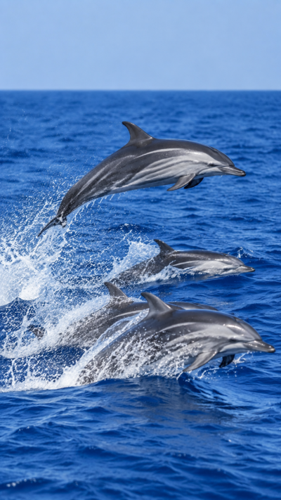 スジイルカが青い海を群れでジャンプしながら泳ぐ実写風画像。細いライン模様を持つ流線型のイルカ。