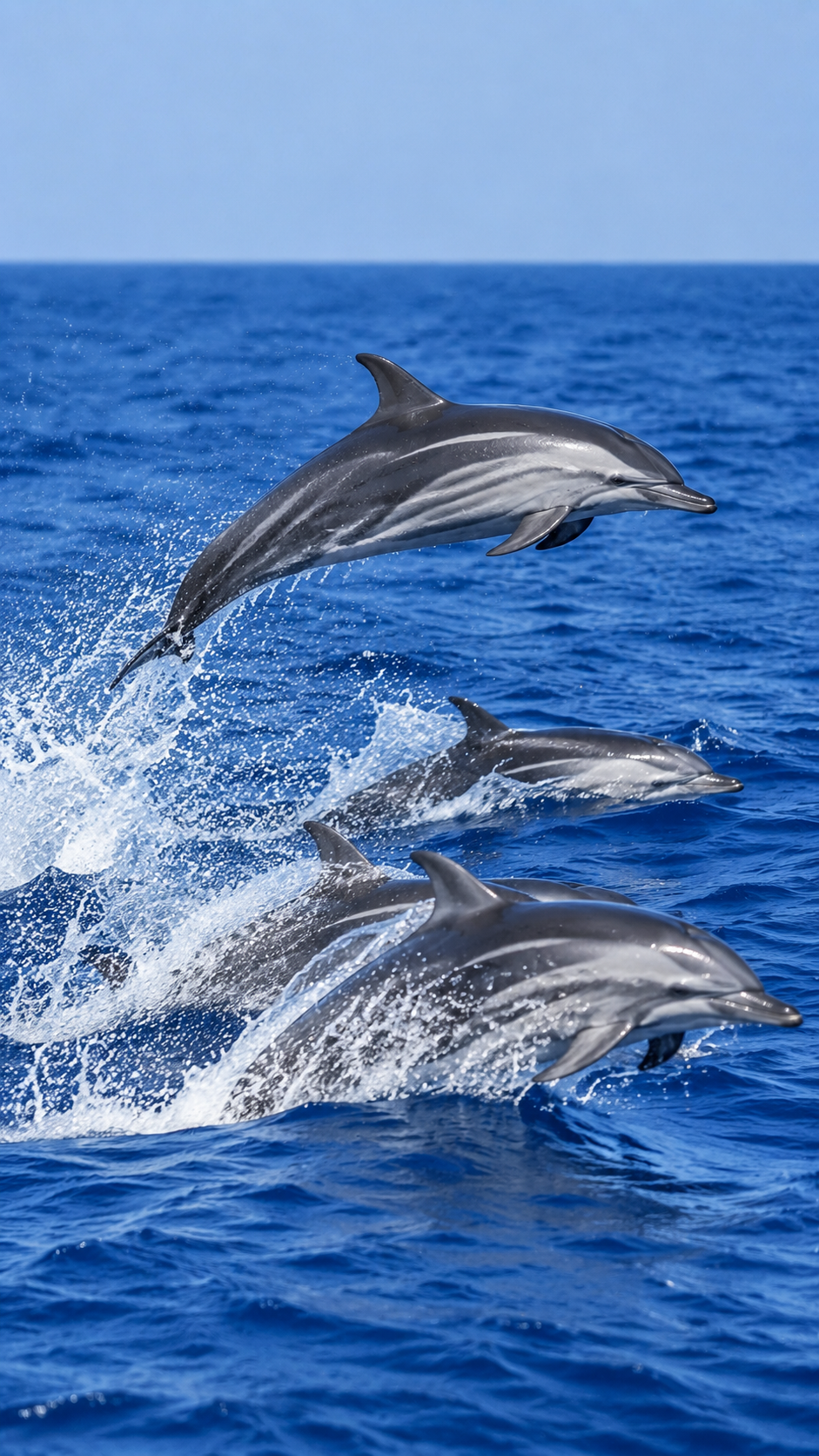 スジイルカが青い海を群れでジャンプしながら泳ぐ実写風画像。細いライン模様を持つ流線型のイルカ。