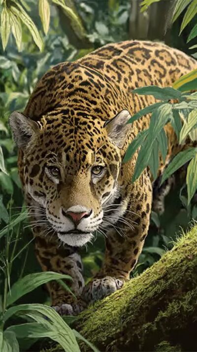 ジャガーがアマゾンの川辺を歩く様子を再現した実写風画像。美しい斑紋と強力な体を持つ南米最大のネコ科動物。