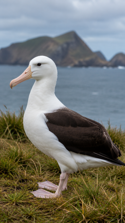 アホウドリが大海原の上を滑空する実写風画像。巨大な翼を広げた大型の海鳥。