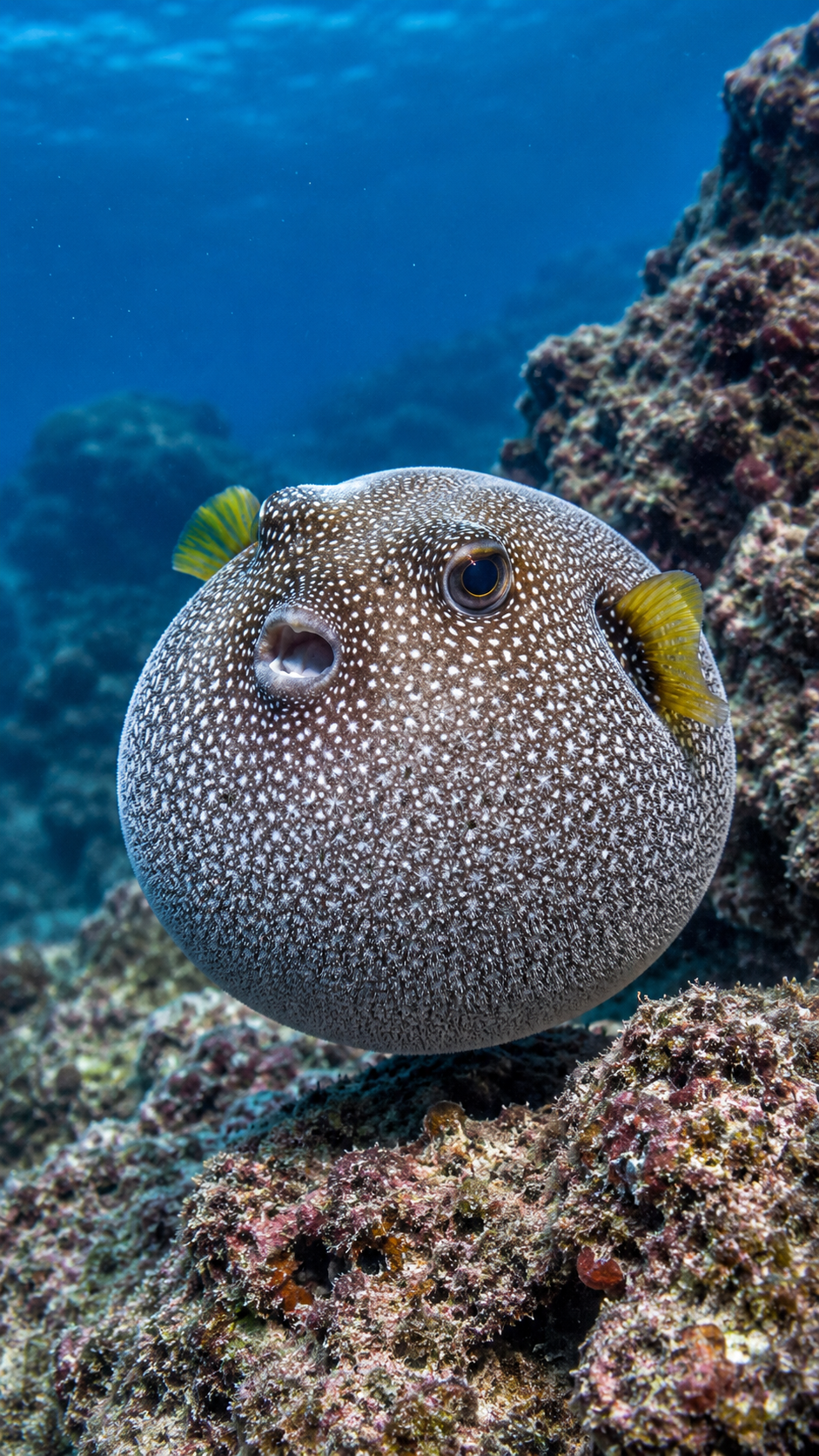 ミゾレフグがサンゴ礁の海を泳ぐ実写風画像。白い斑点模様と丸い体を持つフグ。