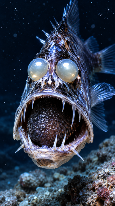 ナガムネエソが暗い深海を泳ぐ実写風画像。長い牙と発光器を持つ不気味な深海魚。
