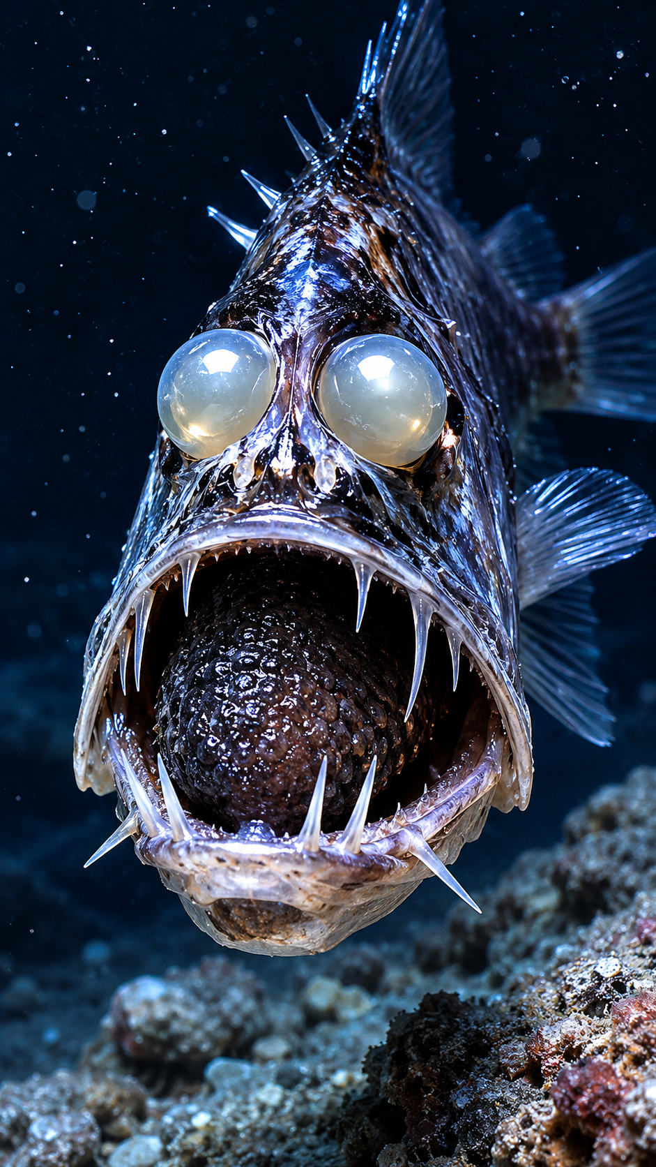 ナガムネエソが暗い深海を泳ぐ実写風画像。長い牙と発光器を持つ不気味な深海魚。