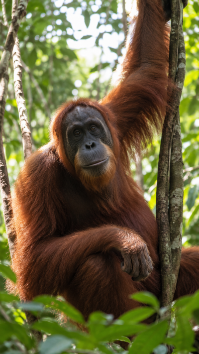 オランウータンが熱帯雨林の木の上に座る実写風画像。長い赤茶色の毛と大きな腕を持つ大型類人猿。