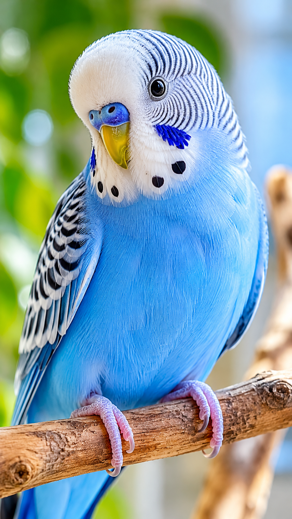 木の枝にとまる鮮やかな青色のセキセイインコ。高い知能とおしゃべり能力で人気の小型インコ