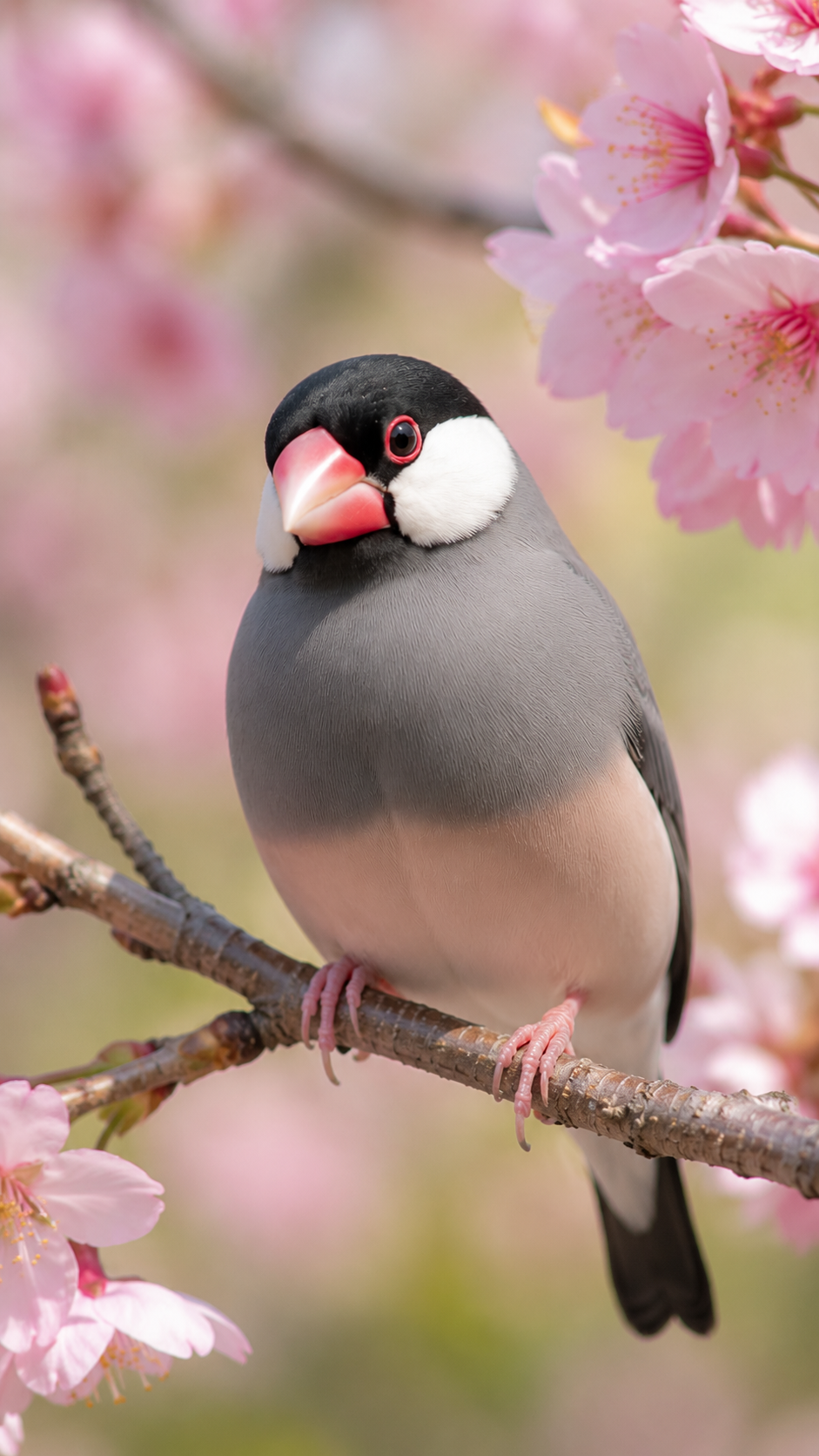 手の上に乗る文鳥。白いほっぺとピンク色のくちばしが特徴の人懐っこい小鳥