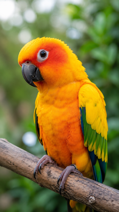 鮮やかな黄色とオレンジ色の羽を持つコガネメキシコインコが木の枝に止まる様子