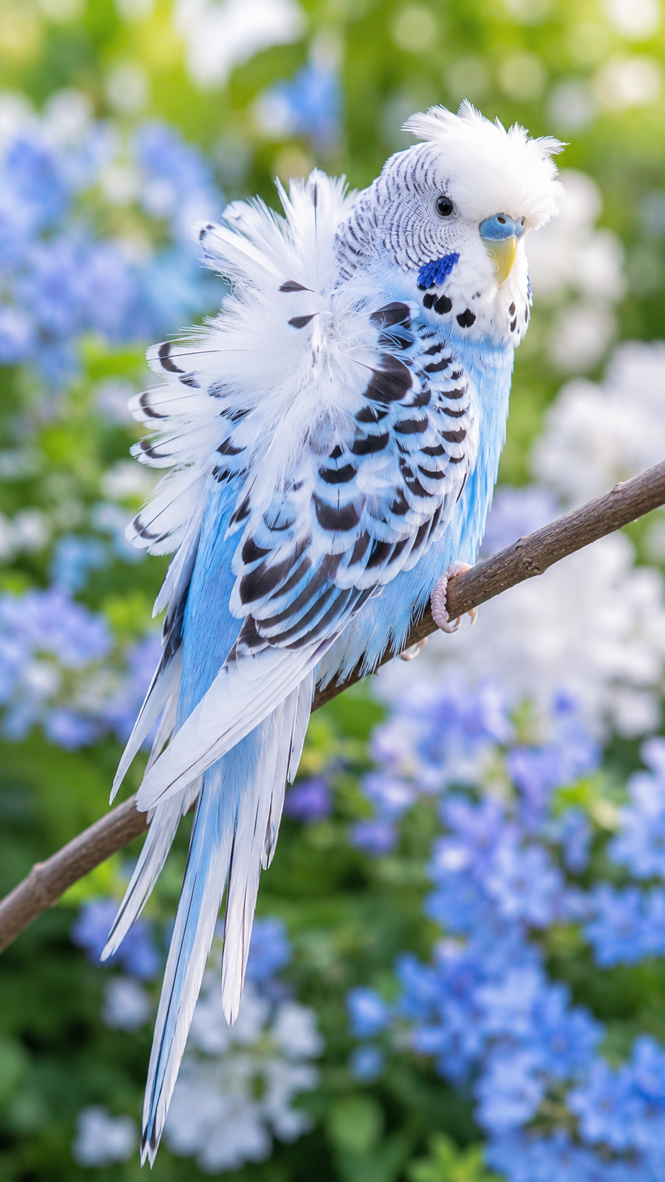 羽衣のように広がる特殊な羽毛を持つハゴロモセキセイインコが止まり木にとまる様子