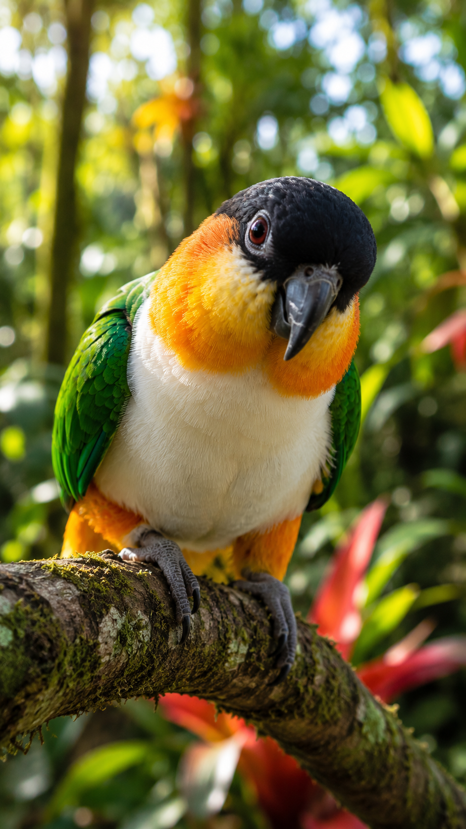 黒い頭と白いお腹、緑の翼を持つズクロシロハラインコが木の枝にとまる様子