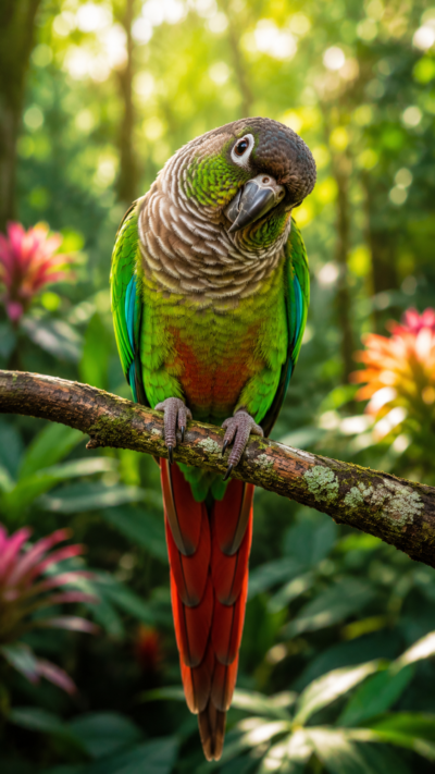 ホオミドリアカオウロコインコが木の枝にとまり首をかしげる様子