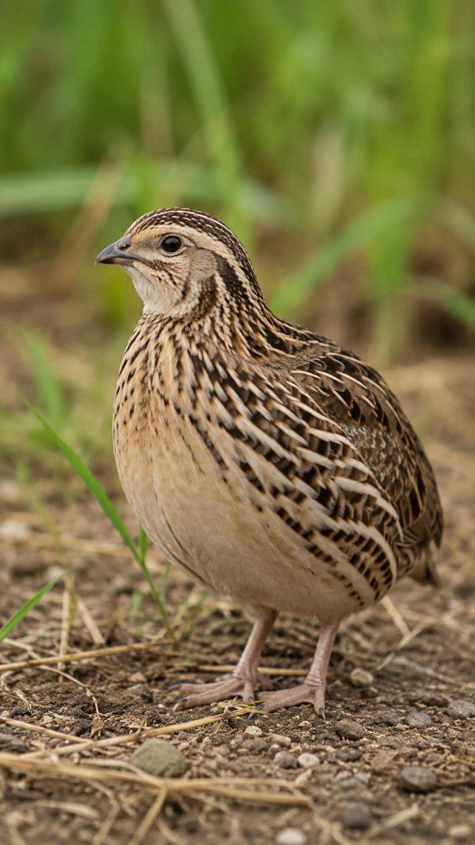 草地の中で周囲を警戒するニホンウズラの成鳥
