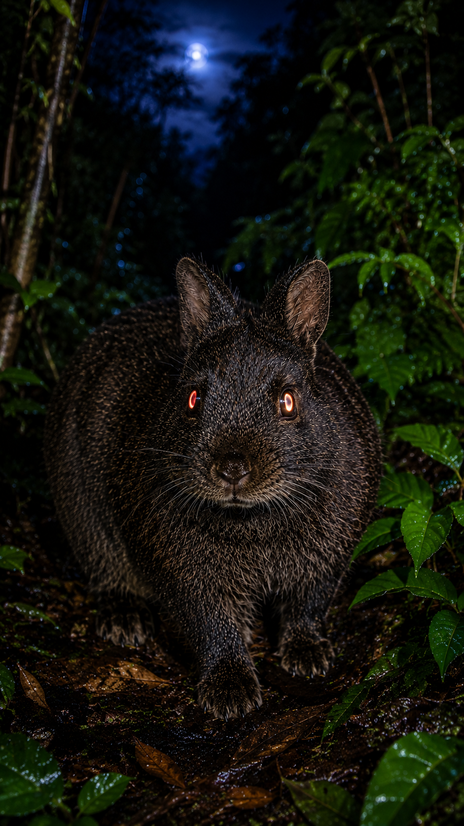 アマミノクロウサギが奄美の亜熱帯林を歩く様子を再現した実写風画像。黒褐色の毛並みと短い耳、原始的な体型が特徴の日本固有種。