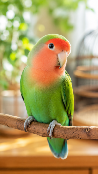 鮮やかな緑色の体とピンク色の顔を持つコザクラインコが枝にとまる様子